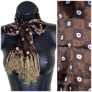 Vtg Brown Gold Satin Tiki Tribal Print Long Neck Purse Scarf‎ 60s 70s Fringe